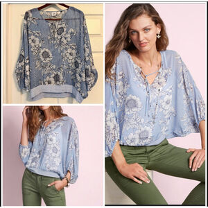 Women's Cabi Sirena Blouse Top Size M Blue White Floral Stripe Dolman